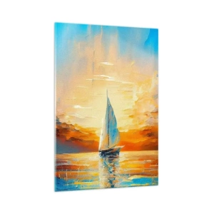Obraz na szkle - Żaglówka na tle zachodzącego słońca i barwnych chmur - 70x100cm - Żegluga w złocie - Nowoczesna dekoracja ścienna do salonu i sypialni ARTTOR