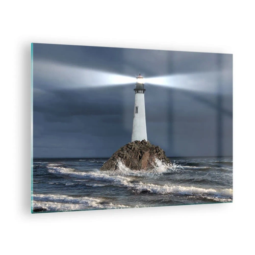 Obraz na szkle - Latarnia morska na skale wśród wzburzonych fal nocą - 70x50cm - Tu…tu…tutaj! - Nowoczesna dekoracja ścienna do salonu i sypialni ARTTOR