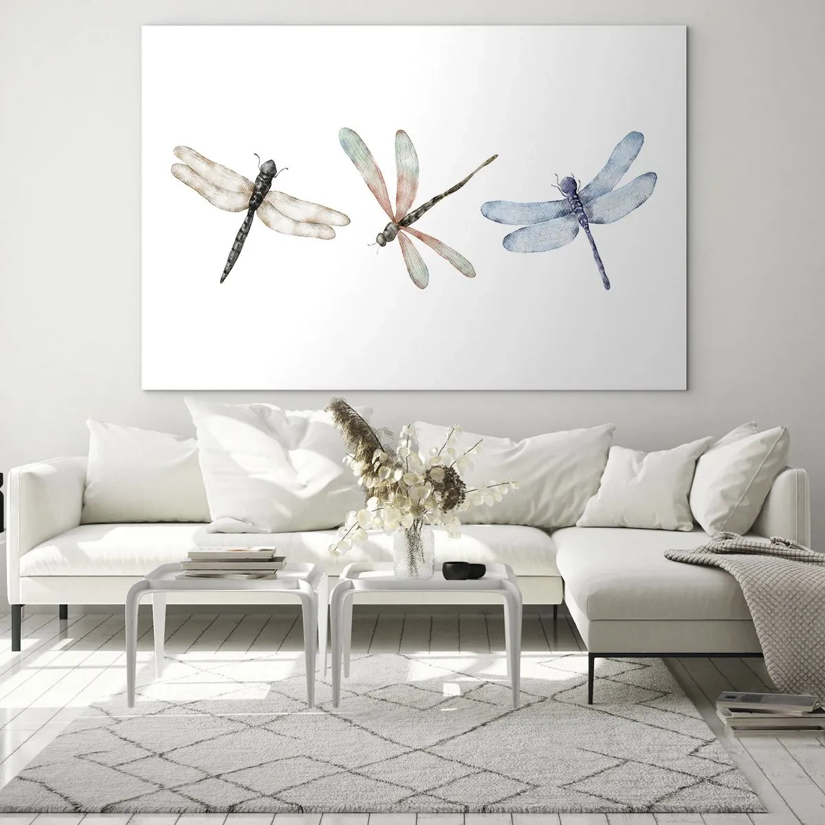 Obraz na szkle - Trzy kolorowe ważki na białym tle w delikatnym stylu akwarelowym - 70x50cm - Ważki nieważkie - Nowoczesna dekoracja ścienna do salonu i sypialni ARTTOR