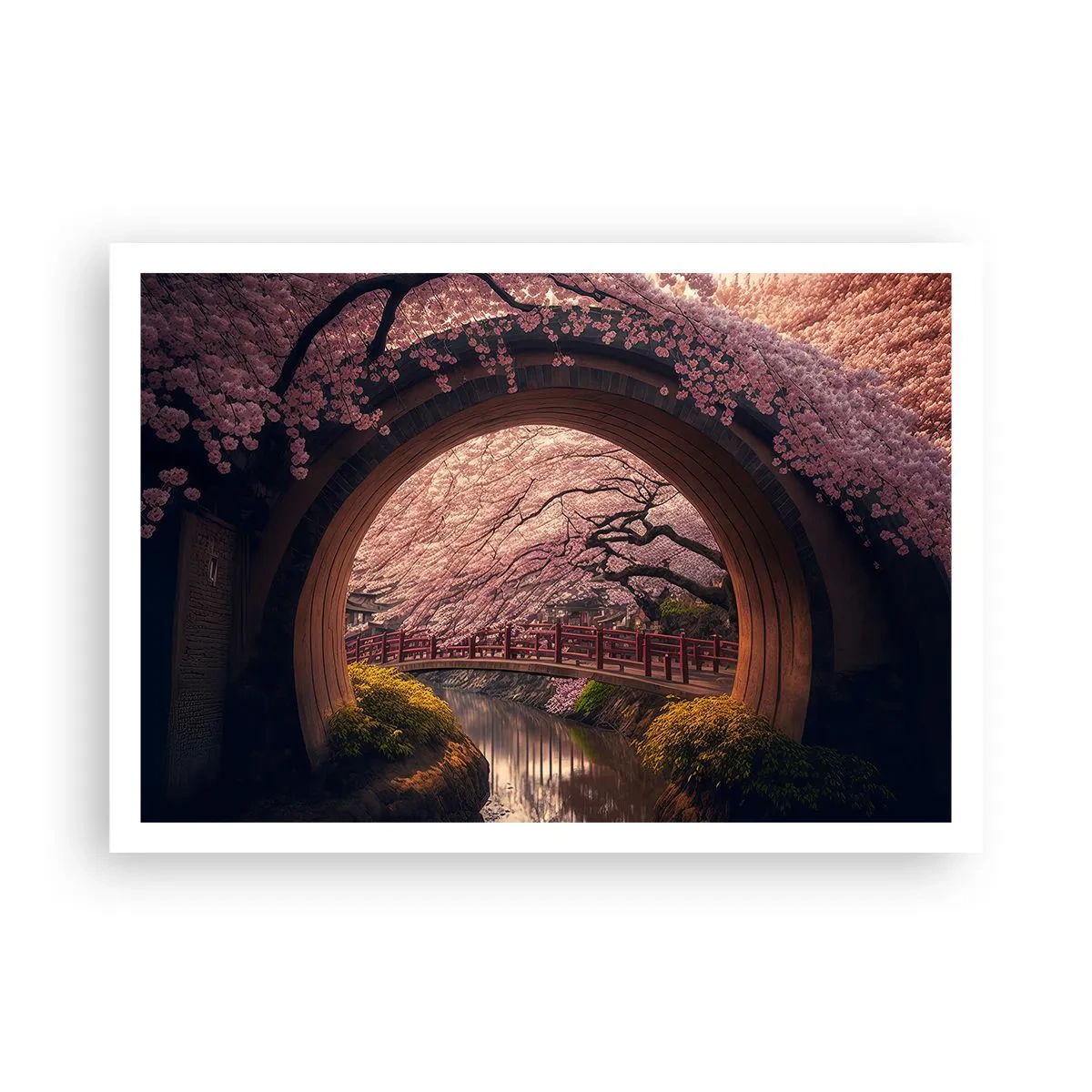 Plakat - Tradycyjny japoński most otoczony kwitnącymi wiśniami - 100x70cm - Japońska wiosna - Nowoczesna dekoracja ścienna do salonu i sypialni ARTTOR