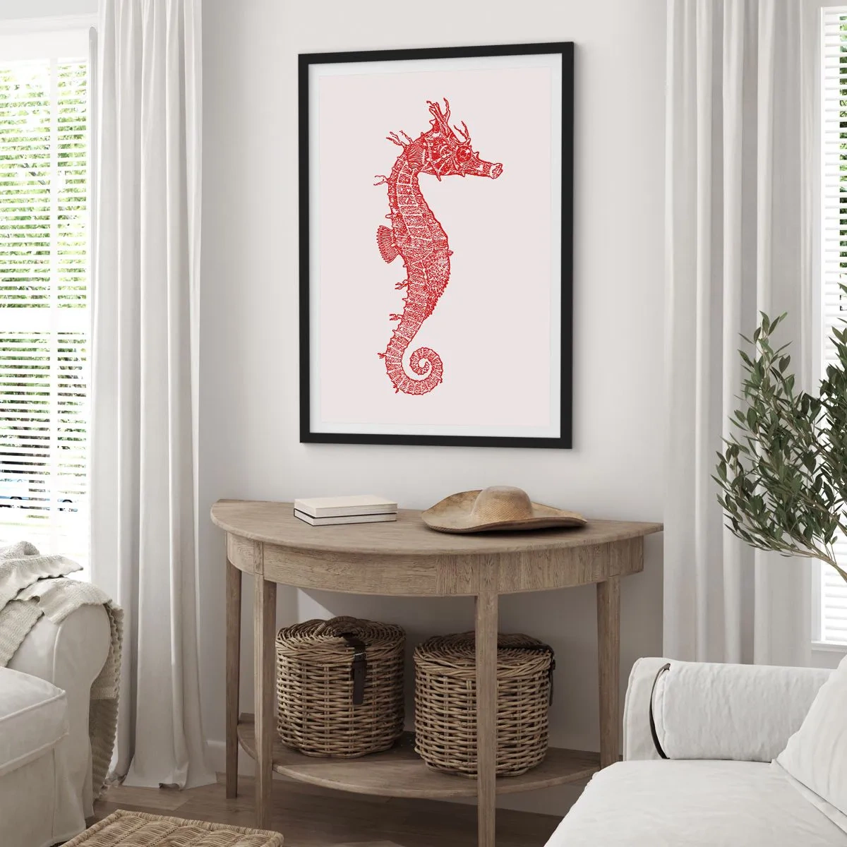 Plakat w czarnej ramie - Czerwony konik morski w stylu steampunk na jasnym tle - 50x70cm - Misterne stworzenie - Nowoczesna dekoracja ścienna do salonu i sypialni ARTTOR
