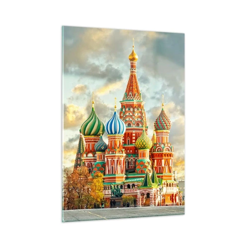 Obraz na szkle - Katedra św. Bazylego w Moskwie na tle nieba z chmurami - 50x70cm - Nawet Disney by nie wymyślił - Nowoczesna dekoracja ścienna do salonu, kuchni i sypialni ARTTOR