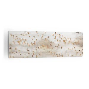 Obraz na płótnie - Złote ptaki na tle mglistych gór - 160x50cm - Już czas… - Nowoczesna dekoracja ścienna do salonu i sypialni ARTTOR