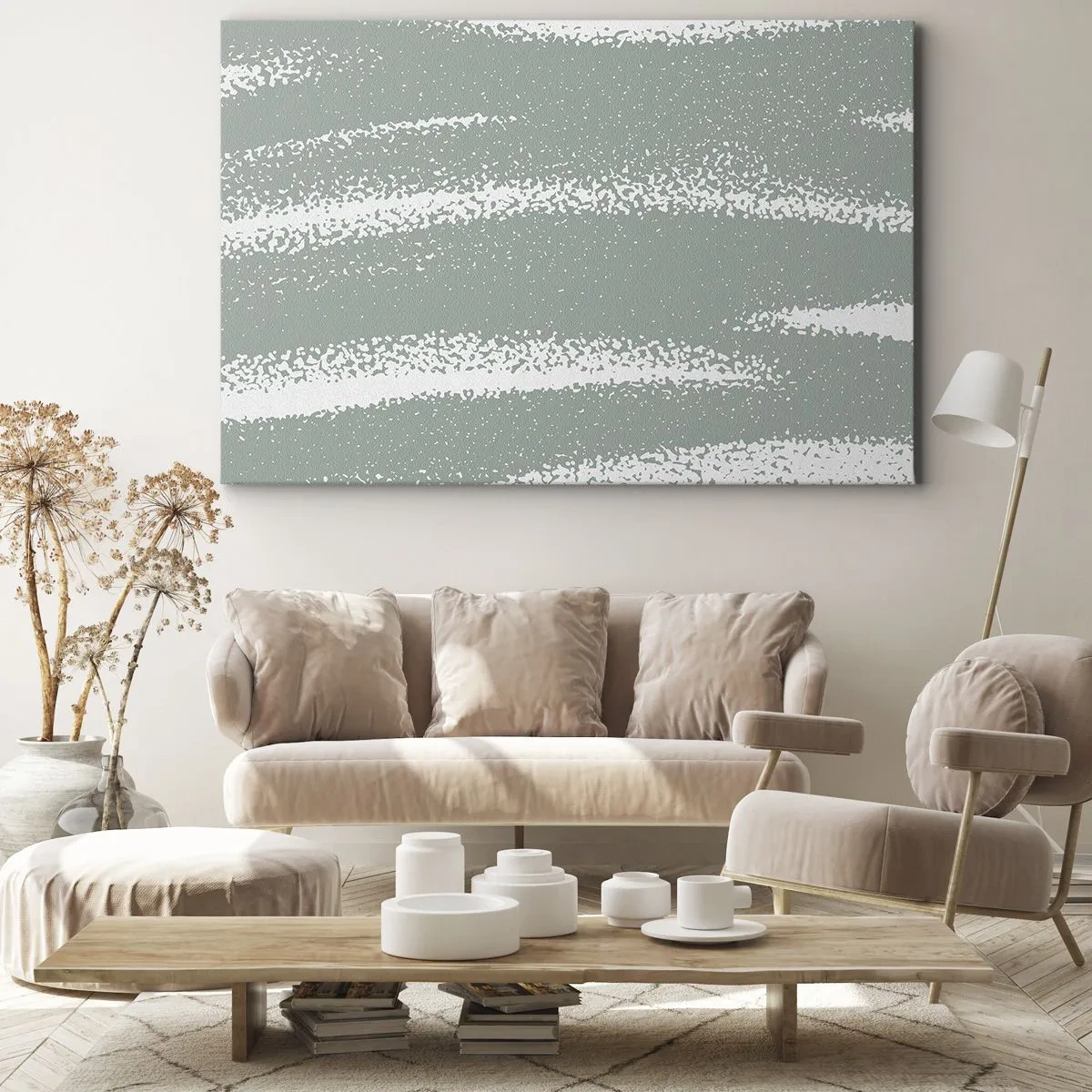 Obraz na płótnie - Zimowe fale w odcieniach mięty i bieli - 70x50cm - Abstrakcja w zimowym klimacie - Nowoczesna dekoracja ścienna do salonu i sypialni ARTTOR