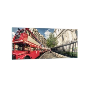 Obraz na szkle - Czerwony piętrowy autobus w Londynie przy ulicy i katedrze - 120x50cm - Londyńska ulica w szarości i czerwieni - Nowoczesna dekoracja ścienna do salonu i sypialni ARTTOR