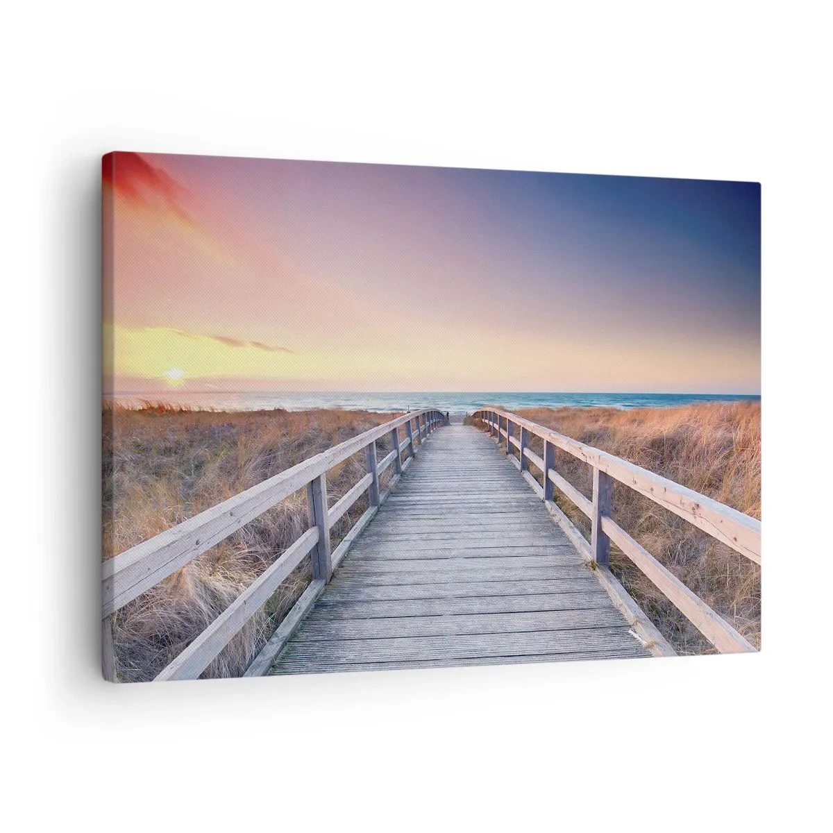 Obraz na płótnie - Drewniany pomost prowadzący na plażę o zachodzie słońca z pastelowymi barwami nieba - 70x50cm - Bałtycka wieczorna zorza - Nowoczesna dekoracja ścienna do salonu i sypialni ARTTOR