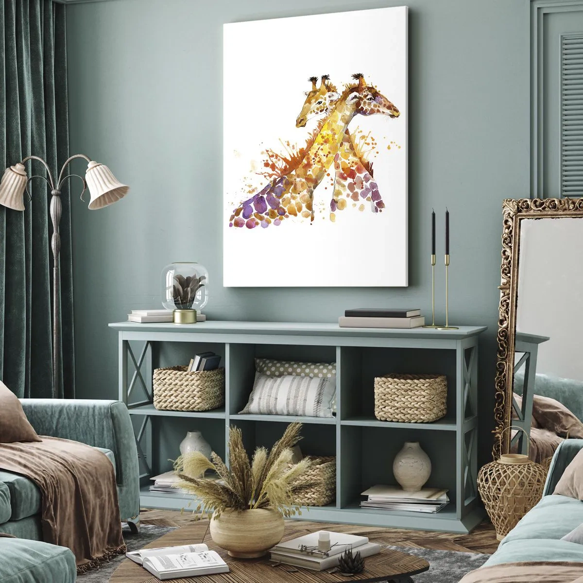 Obraz na płótnie - Akwarelowe żyrafy w ciepłych barwach - 50x70cm - Czy to jest przyjaźń czy to jest kochanie? - Nowoczesna dekoracja ścienna do salonu, kuchni i sypialni ARTTOR