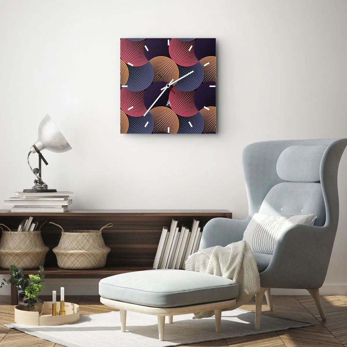 Zegar ścienny - Geometryczne kręgi w odcieniach różu, fioletu i złota - 30x30cm - W kolistym rytmie - Nowoczesna dekoracja ścienna do salonu i sypialni ARTTOR