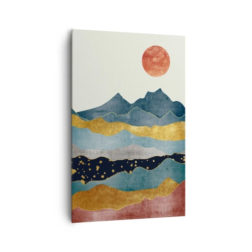 Obraz na płótnie - Abstrakcyjne góry w odcieniach niebieskiego, złota i czerwieni z zachodzącym słońcem - 80x120cm - Przekrój świata - Nowoczesna dekoracja ścienna do salonu i sypialni ARTTOR