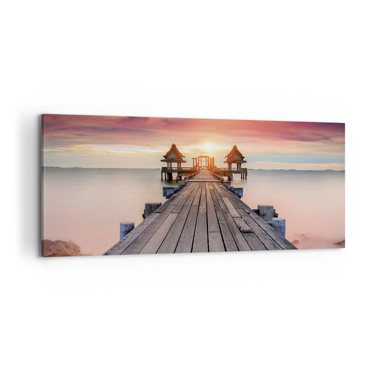 Obraz na płótnie - Drewniane molo prowadzące do altanek o zachodzie słońca - 120x50cm - Zachód na wschodzie - Nowoczesna dekoracja ścienna do salonu i sypialni ARTTOR