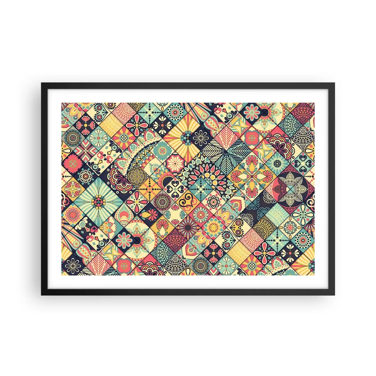Plakat w czarnej ramie - Kolorowe geometryczne wzory inspirowane stylem marokańskim - 70x50cm - Marokańskie klimaty - Nowoczesna dekoracja ścienna do salonu i sypialni ARTTOR