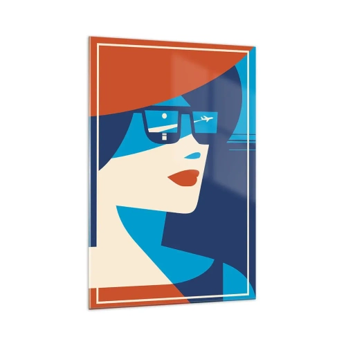 Obraz na szkle - Grafika kobiety w okularach przeciwsłonecznych z odbiciem samolotu - 70x100cm - Wakacyjna podróż - Nowoczesna dekoracja ścienna do salonu i sypialni ARTTOR