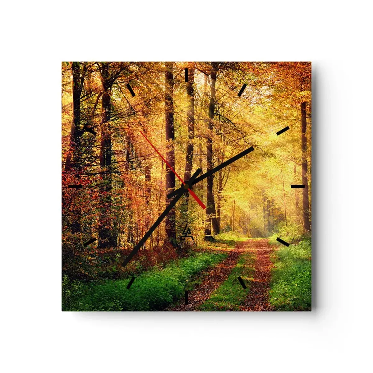 Zegar ścienny - Leśna ścieżka otoczona złotymi i zielonymi drzewami - 30x30cm - Leśno-złota cisza - Nowoczesna dekoracja ścienna do salonu i sypialni ARTTOR