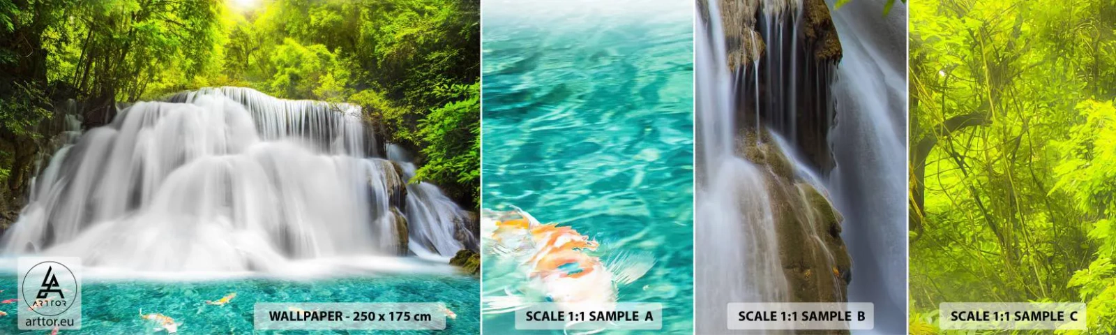 Fototapeta Próbka Samoprzylepna Deluxe Sticker - Pienistą kaskadą od zieleni do lazuru - Krajobraz, Wodospad, Park Narodowy - 100x30 cm