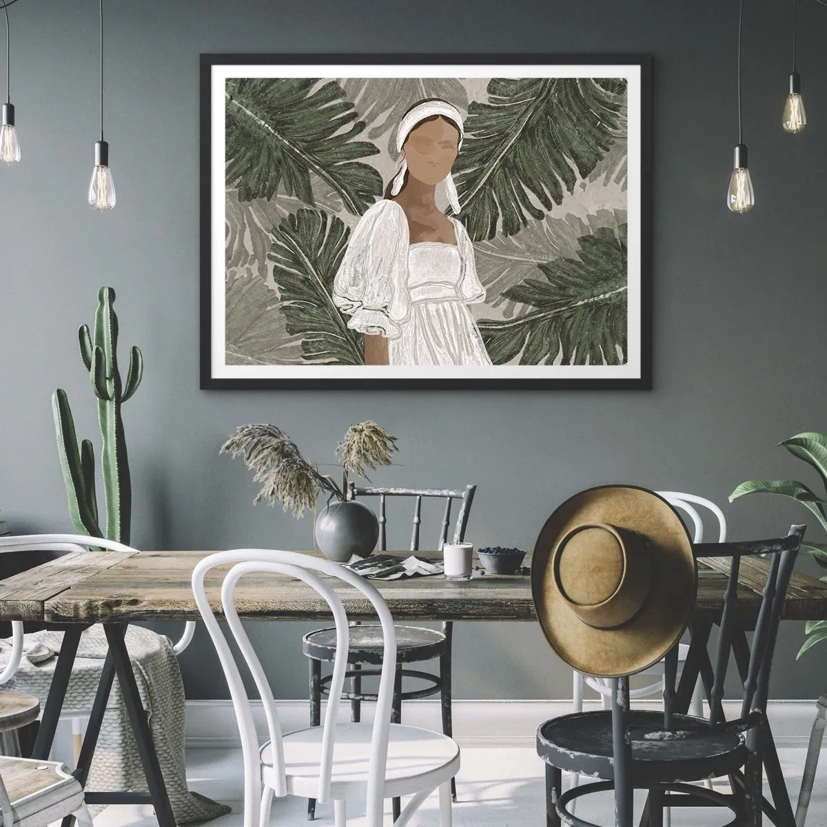 Plakat w czarnej ramie - Portret kobiety w białej sukni na tle liści monstery - 100x70cm - Portret egzotyczny - Nowoczesna dekoracja ścienna do salonu i sypialni ARTTOR
