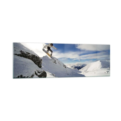 Obraz na szkle - Snowboardzista skaczący z urwiska na tle ośnieżonych gór - 160x50cm - Wolność bez granic - Nowoczesna dekoracja ścienna do salonu i sypialni ARTTOR