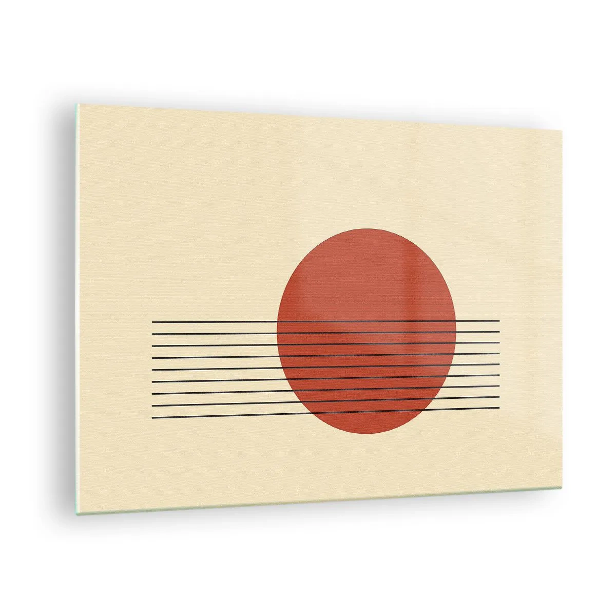 Obraz na szkle - Minimalistyczna grafika z czerwonym kołem i liniami - 70x50cm - W koło i dalej - Nowoczesna dekoracja ścienna do salonu i sypialni ARTTOR