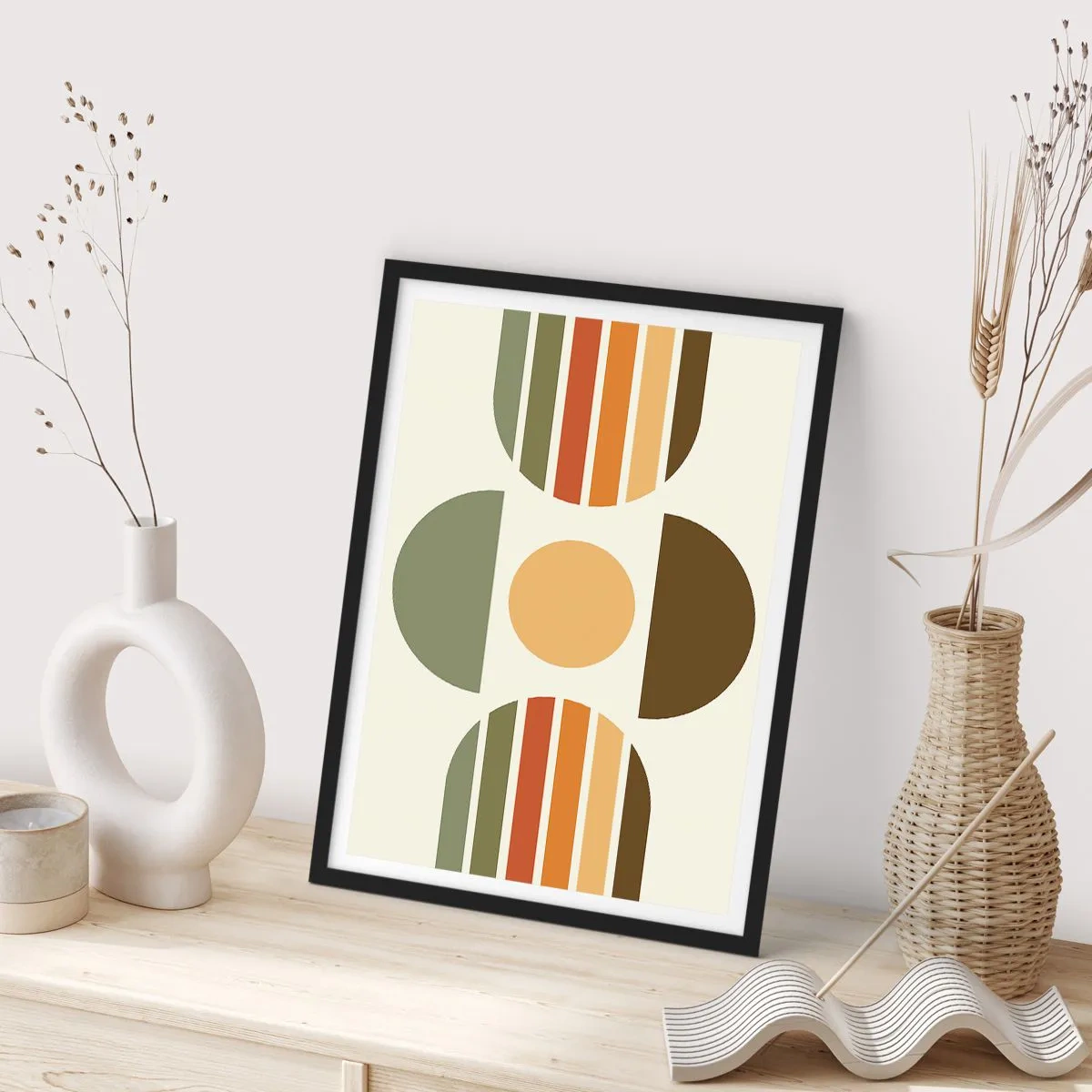 Plakat w czarnej ramie - Abstrakcyjny geometryczny wzór w odcieniach ziemi z kołem i półkolami - 50x70cm - W kolorach ziemi - Nowoczesna dekoracja ścienna do salonu i sypialni ARTTOR