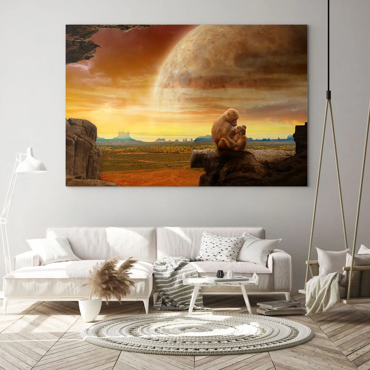 Obraz na szkle - Małpy siedzące na skale na tle ogromnego księżyca - 120x80cm - Miłość wszędzie ta sama - Nowoczesna dekoracja ścienna do salonu, kuchni i sypialni ARTTOR