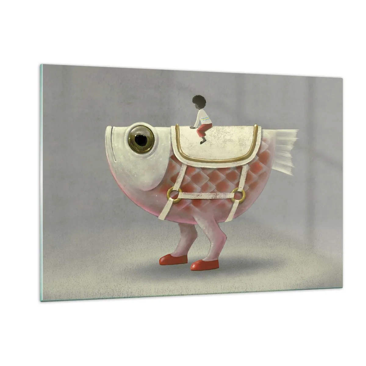 Obraz na szkle - Postać jadąca na różowej rybie z nogami i siodłem - 120x80cm - Ryboński jeździec - Nowoczesna dekoracja ścienna do salonu, kuchni i sypialni ARTTOR