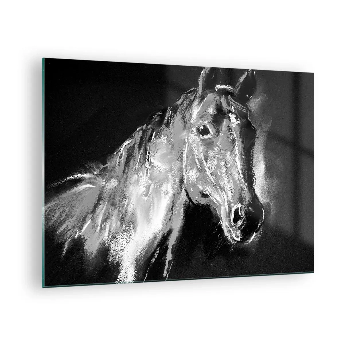 Obraz na szkle - Portret konia w odcieniach czerni i bieli na ciemnym tle - 70x50cm - Lśnienie szlachetnej duszy - Nowoczesna dekoracja ścienna do salonu i sypialni ARTTOR