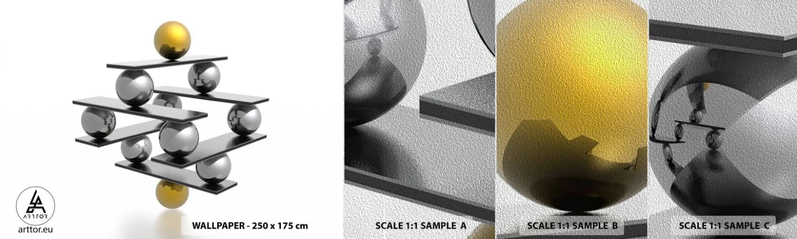 Fototapeta Próbka Premium Sand - Złoto-srebrna równowaga - Abstrakcja, Metalowe Kulki, 3D - 100x30 cm