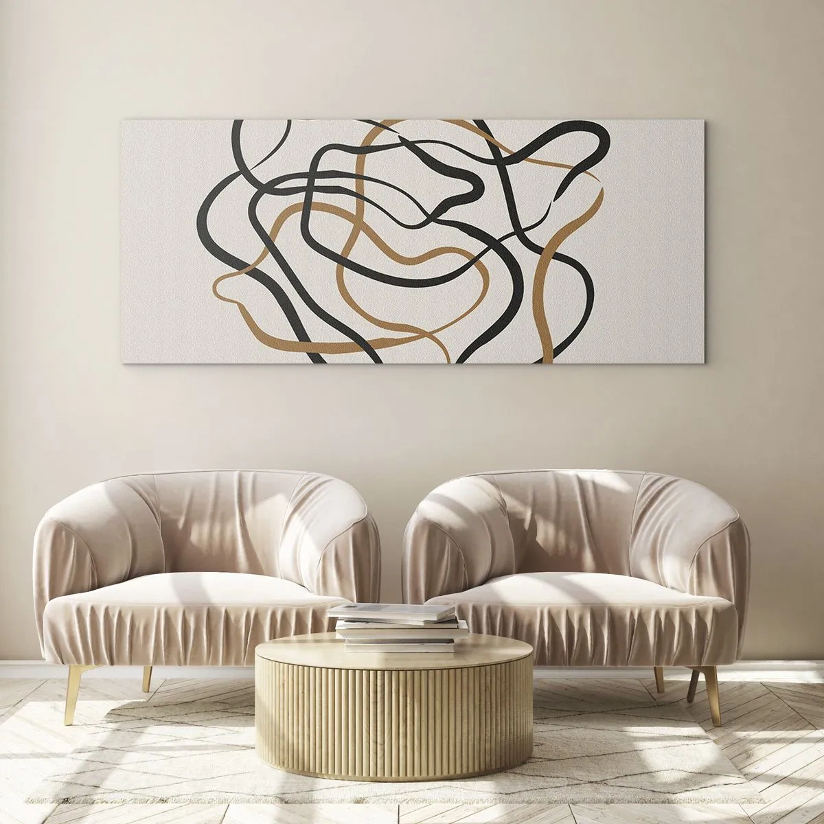 Obraz na szkle - Splątane linie w czerni i złocie na jasnym tle - 160x50cm - Wszystko się pokręciło - Nowoczesna dekoracja ścienna do salonu i sypialni ARTTOR