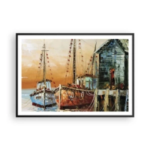 Plakat w czarnej ramie - Łodzie przy brzegu w ciepłym świetle zachodu słońca - 100x70cm - Spokojny powrót - Nowoczesna dekoracja ścienna do salonu i sypialni ARTTOR