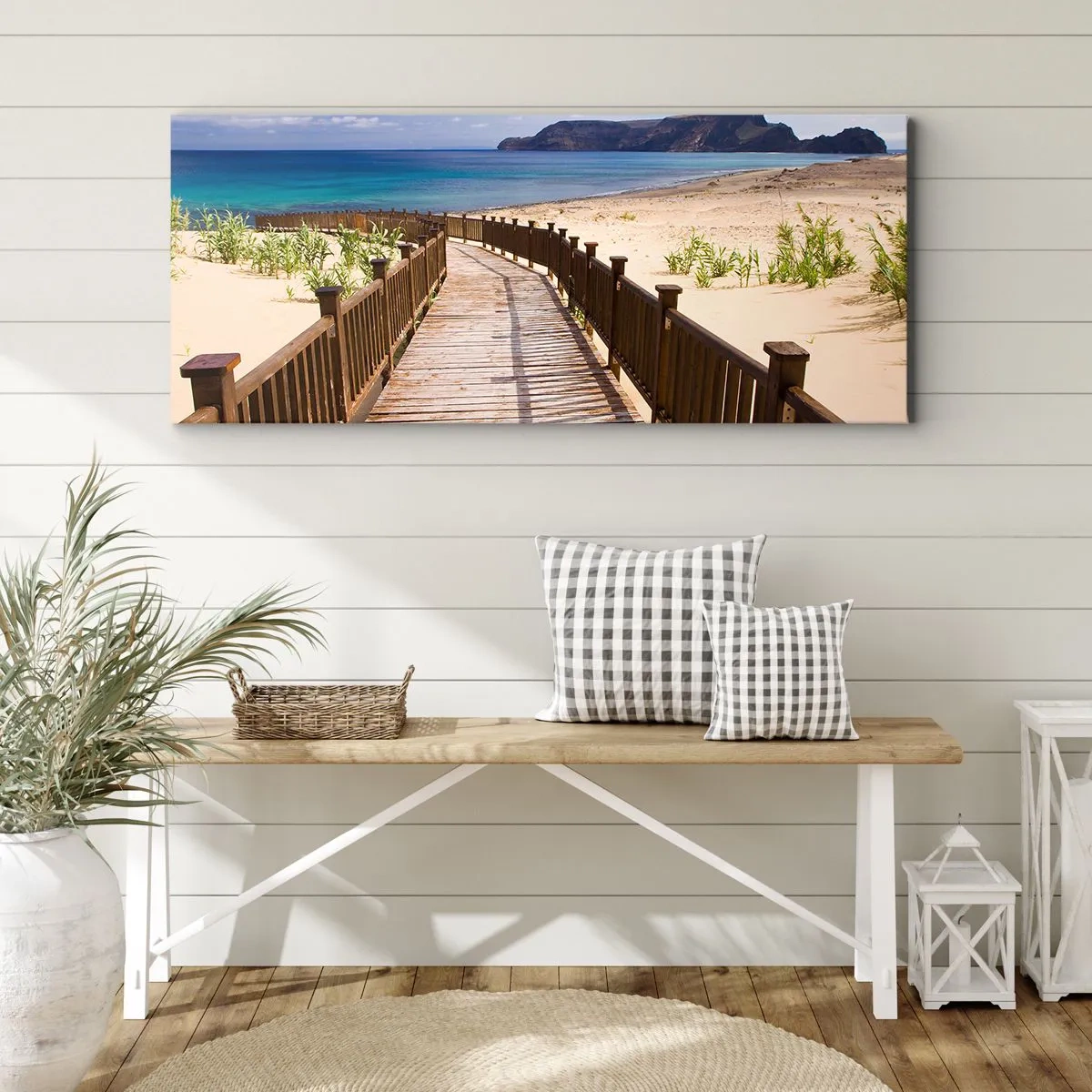 Obraz na płótnie - Drewniana ścieżka prowadząca na plażę z widokiem na ocean - 120x50cm - Zabierz mnie na wyspy szczęśliwe - Nowoczesna dekoracja ścienna do salonu i sypialni ARTTOR