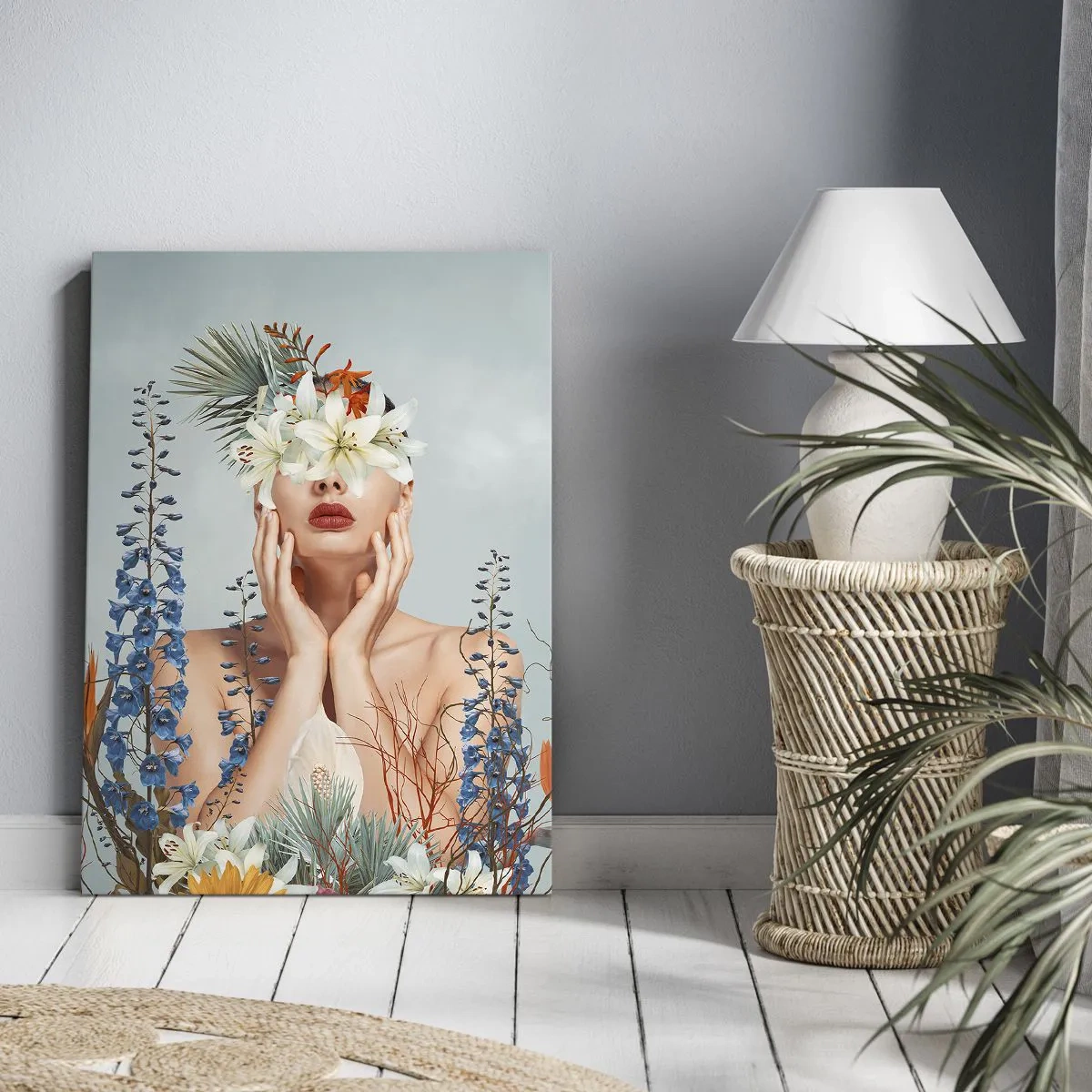 Obraz na płótnie - Kobieta z kwiatami na głowie otoczona bujną roślinnością - 50x70cm - Kobieta – kwiat - Nowoczesna dekoracja ścienna do salonu, kuchni i sypialni ARTTOR