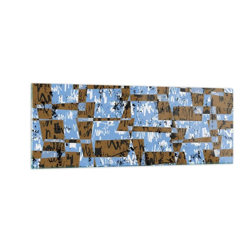 Obraz na szkle - Abstrakcyjna kompozycja z prostokątów w odcieniach brązu i niebieskiego - 140x50cm - Nieludowa wycinanka - Nowoczesna dekoracja ścienna do salonu i sypialni ARTTOR