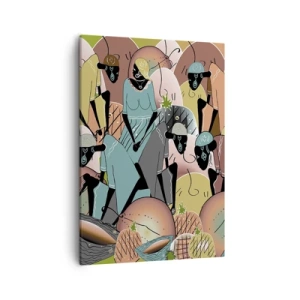 Obraz na płótnie - Abstrakcyjna kompozycja postaci w stylu art deco - 50x70cm - Nadchodzi wielkie święto - Nowoczesna dekoracja ścienna do salonu, kuchni i sypialni ARTTOR