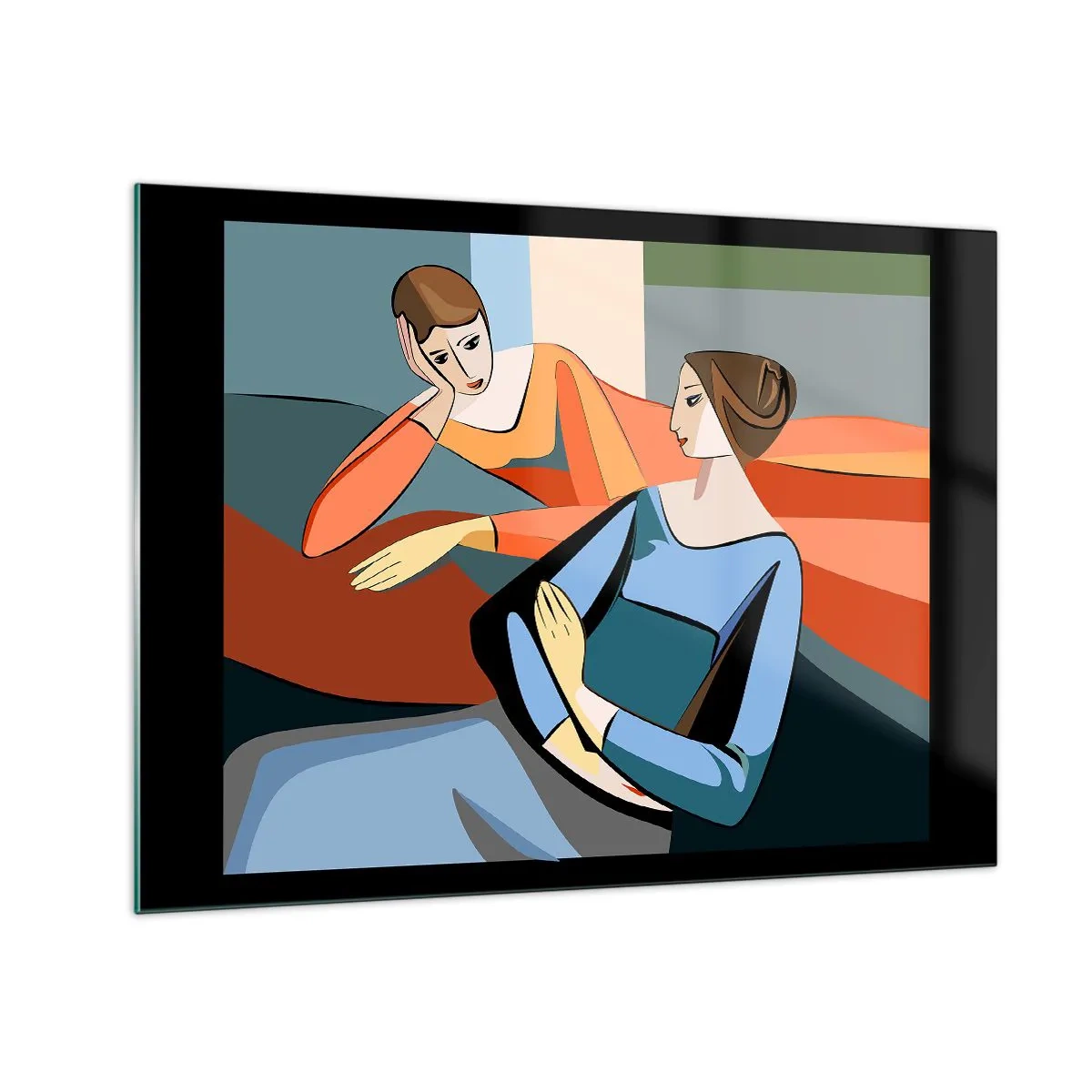 Obraz na szkle - Geometryczna scena rozmowy dwóch kobiet na tle wnętrza - 70x50cm - Chwila zwierzeń - Nowoczesna dekoracja ścienna do salonu i sypialni ARTTOR
