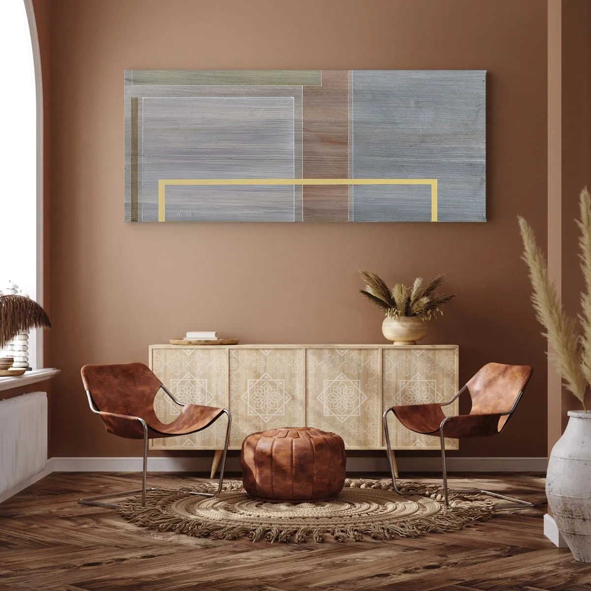 Obraz na płótnie - Geometryczna kompozycja w pastelowych barwach z prostokątami - 120x50cm - Prosto i spokojnie - Nowoczesna dekoracja ścienna do salonu i sypialni ARTTOR