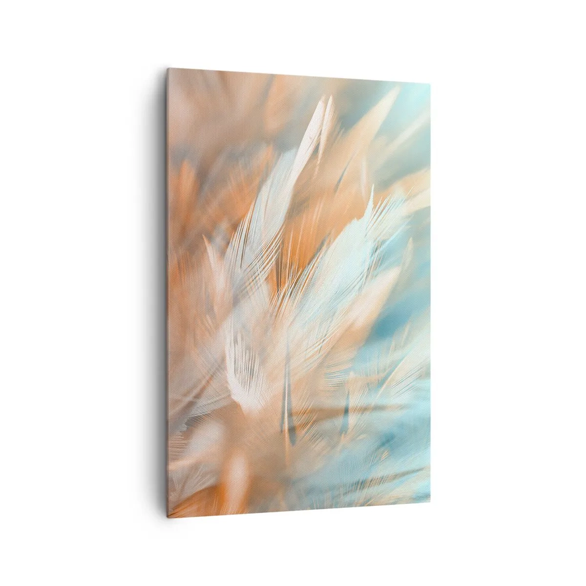 Obraz na płótnie - Delikatne pióra w pastelowych odcieniach błękitu i pomarańczu - 80x120cm - W krainie łagodności - Nowoczesna dekoracja ścienna do salonu i sypialni ARTTOR