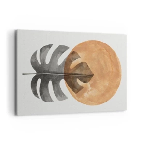 Obraz na płótnie - Liść monstery i złote koło na jasnym tle - 120x80cm - Zawsze słońce - Nowoczesna dekoracja ścienna do salonu, kuchni i sypialni ARTTOR