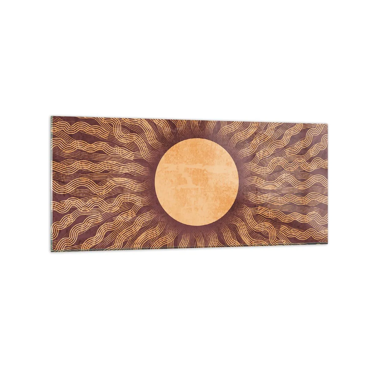 Obraz na szkle - Słoneczny wzór z promieniami na tle w odcieniach brązu - 120x50cm - Ikona słońca - Nowoczesna dekoracja ścienna do salonu i sypialni ARTTOR