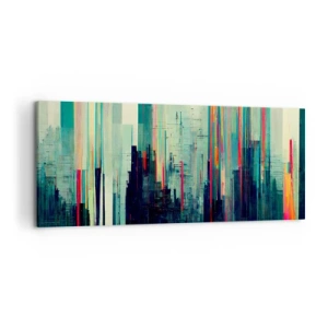 Obraz na płótnie - Abstrakcja z pionowymi liniami i miejską panoramą - 120x50cm - Futurystyczne miasto - Nowoczesna dekoracja ścienna do salonu i sypialni ARTTOR
