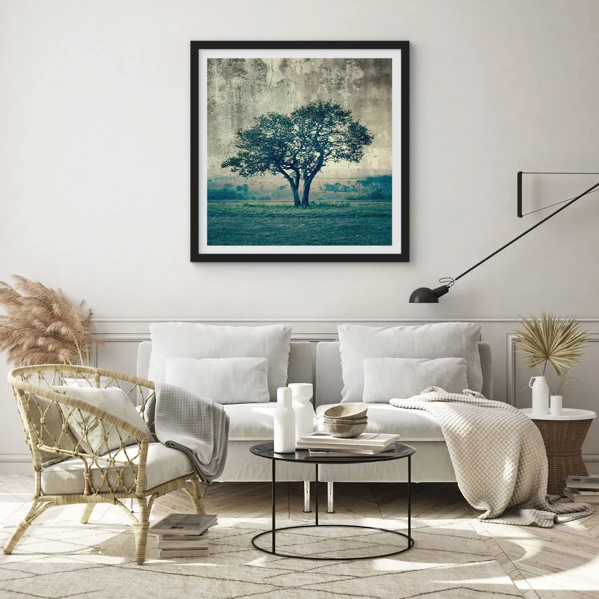 Plakat w czarnej ramie - Jabłoń na błękitnym błoniu? - 60x60 cm