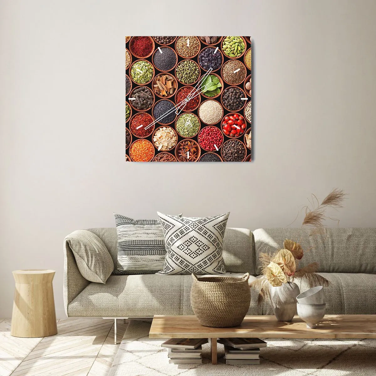 Zegar ścienny - Kolorowe przyprawy w okrągłych pojemnikach - 30x30cm - Wszystkie smaki świata - Nowoczesna dekoracja ścienna do salonu i sypialni ARTTOR