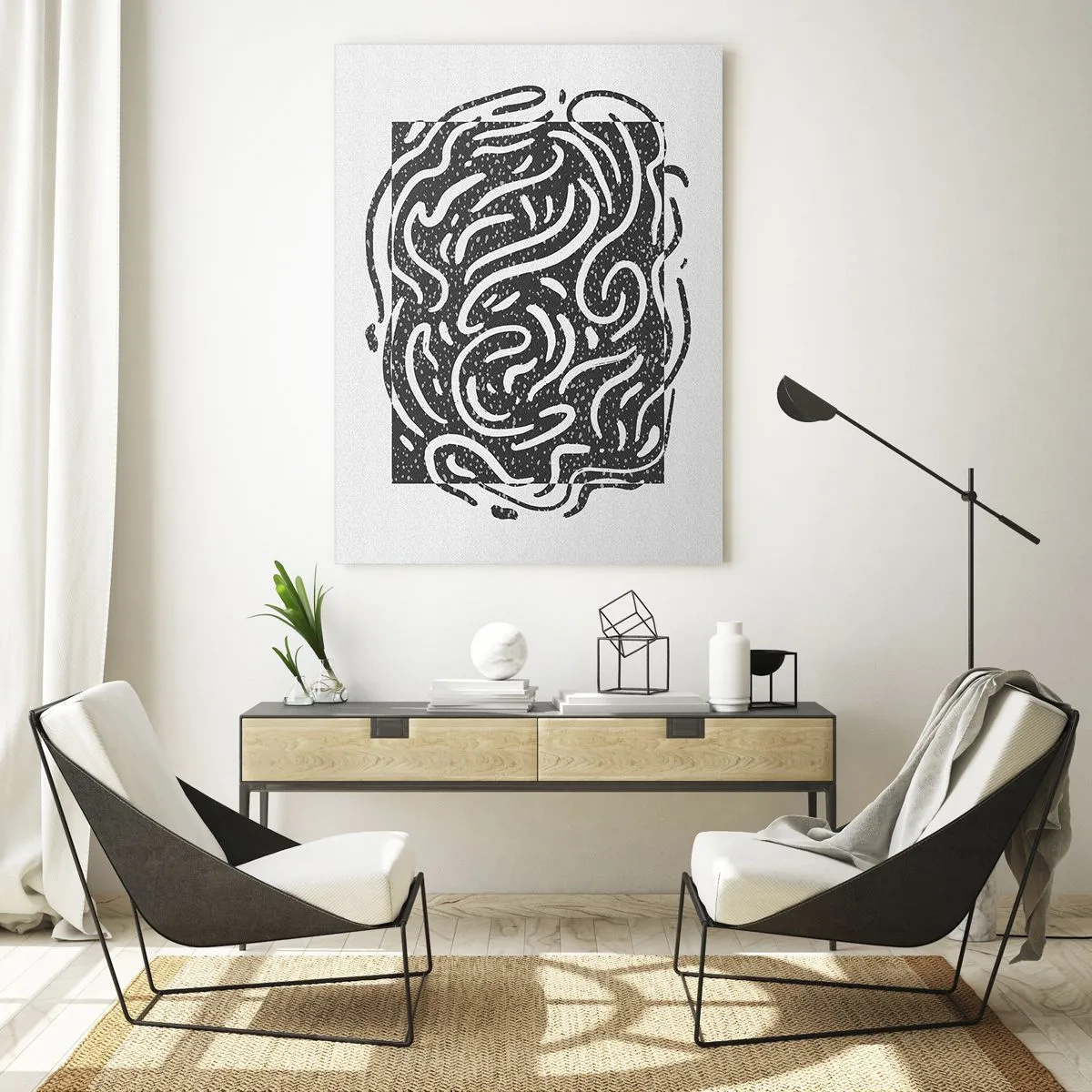 Obraz na szkle - Dynamiczne abstrakcyjne linie i kropki tworzące energetyczną formę - 50x70cm - Abstrakcja: taniec radości - Nowoczesna dekoracja ścienna do salonu, kuchni i sypialni ARTTOR