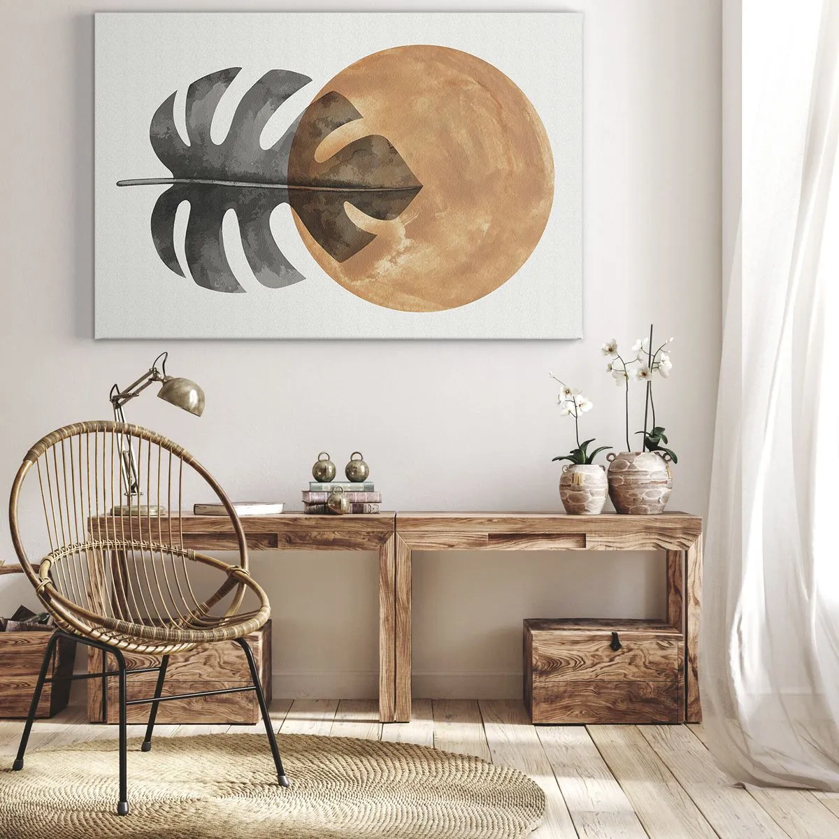 Obraz na płótnie - Liść monstery i złote koło na jasnym tle - 100x70cm - Zawsze słońce - Nowoczesna dekoracja ścienna do salonu, kuchni i sypialni ARTTOR