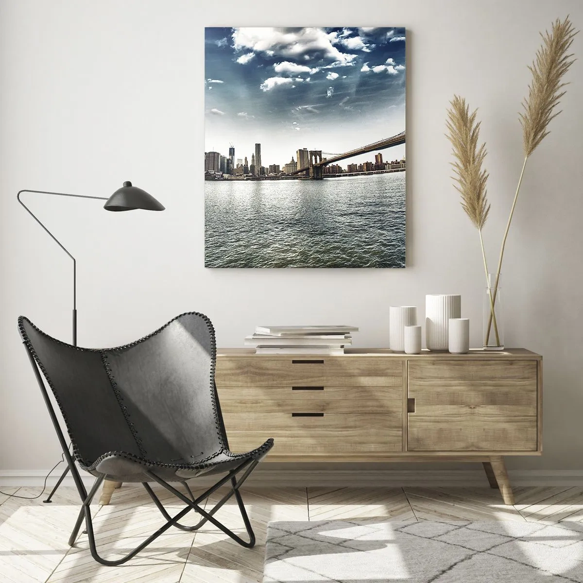 Obraz na szkle - Panorama Nowego Jorku z mostem Brooklyn - 50x70cm - Szklana wyspa - Nowoczesna dekoracja ścienna do salonu, kuchni i sypialni ARTTOR