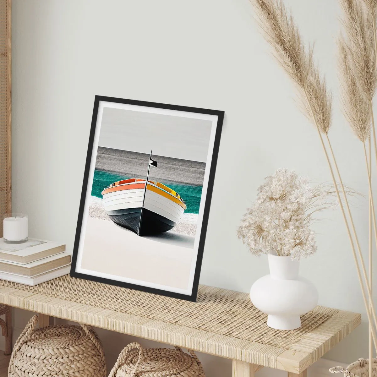 Plakat w czarnej ramie - Kolorowa fotografia łodzi na tle morza i piasku - 50x70cm - Na swoim miejscu - Nowoczesna dekoracja ścienna do salonu i sypialni ARTTOR