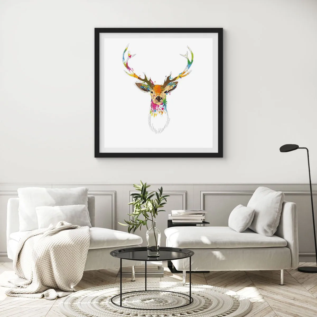 Plakat w czarnej ramie - Łagodny jelonek skąpany w kolorze - 40x40 cm