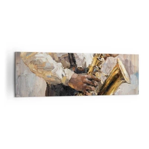 Obraz na płótnie - Muzyk grający na saksofonie w artystycznym stylu - 160x50cm - Czas na solo - Nowoczesna dekoracja ścienna do salonu i sypialni ARTTOR