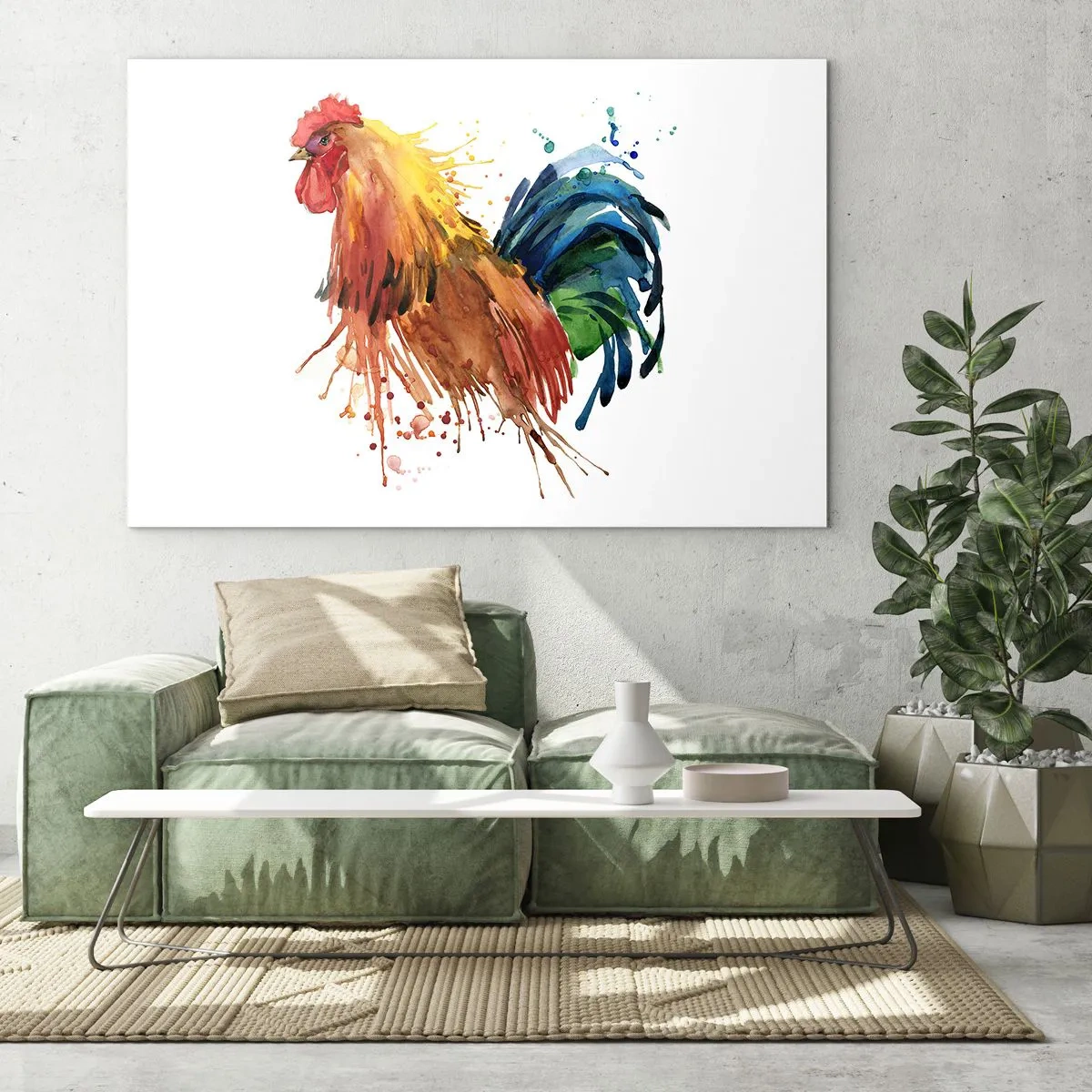 Obraz na szkle - Akwarelowy kogut w żywych kolorach na białym tle - 70x50cm - Królewska szata, królewska duma - Nowoczesna dekoracja ścienna do salonu i sypialni ARTTOR