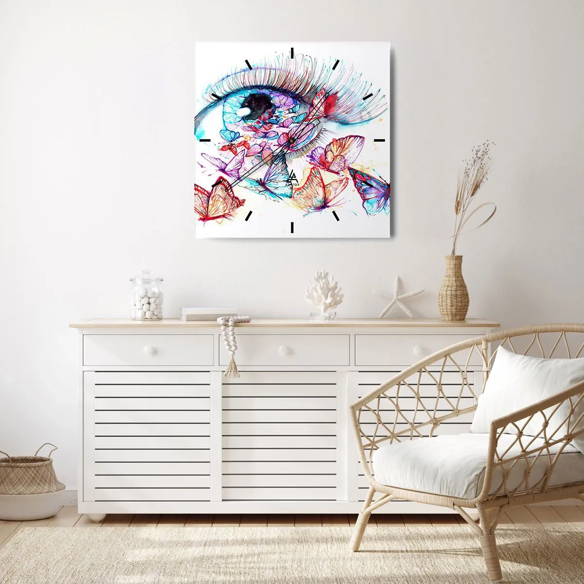 Zegar ścienny - Akwarelowe oko otoczone kolorowymi motylami - 30x30cm - Bajkowy oczu czar - Nowoczesna dekoracja ścienna do salonu i sypialni ARTTOR
