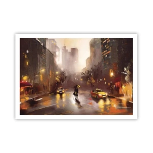 Plakat - Miejska scena nocą w świetle latarni i refleksach na mokrej ulicy - 100x70cm - W światłach Nowego Jorku - Nowoczesna dekoracja ścienna do salonu i sypialni ARTTOR