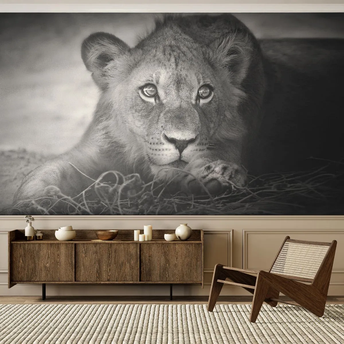 Fototapeta Premium Canvas - Królewskie szczenię - Zwierzęta, Lew, Czarno-Biały - 250x175 cm